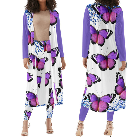 Purple Butterfly Women's Long Sleeve Cardigan and Leggings - 2pcs