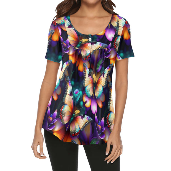 Colorful Butterfly Women's V-Neck Top Blouse