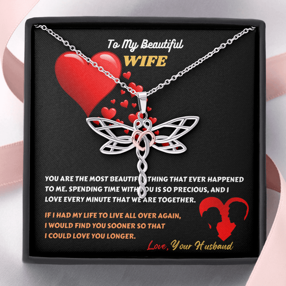 You Are The Most Beautiful Thing Message Card Dragonfly Necklace - Gift For Wife | iPlexy Online Gift Shop